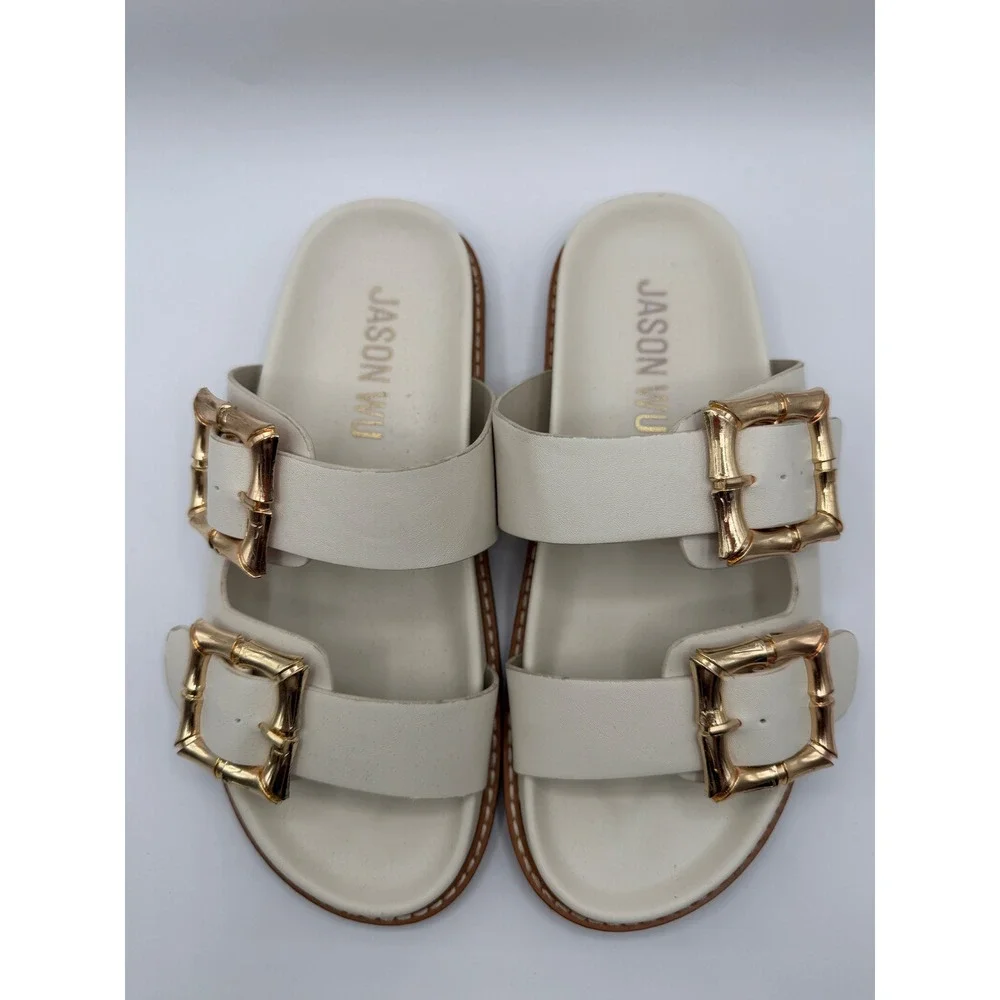 Jason Wu Marzan Luxe Slide Sandals Women 7 Ivory Gold Bamboo Double Buckle